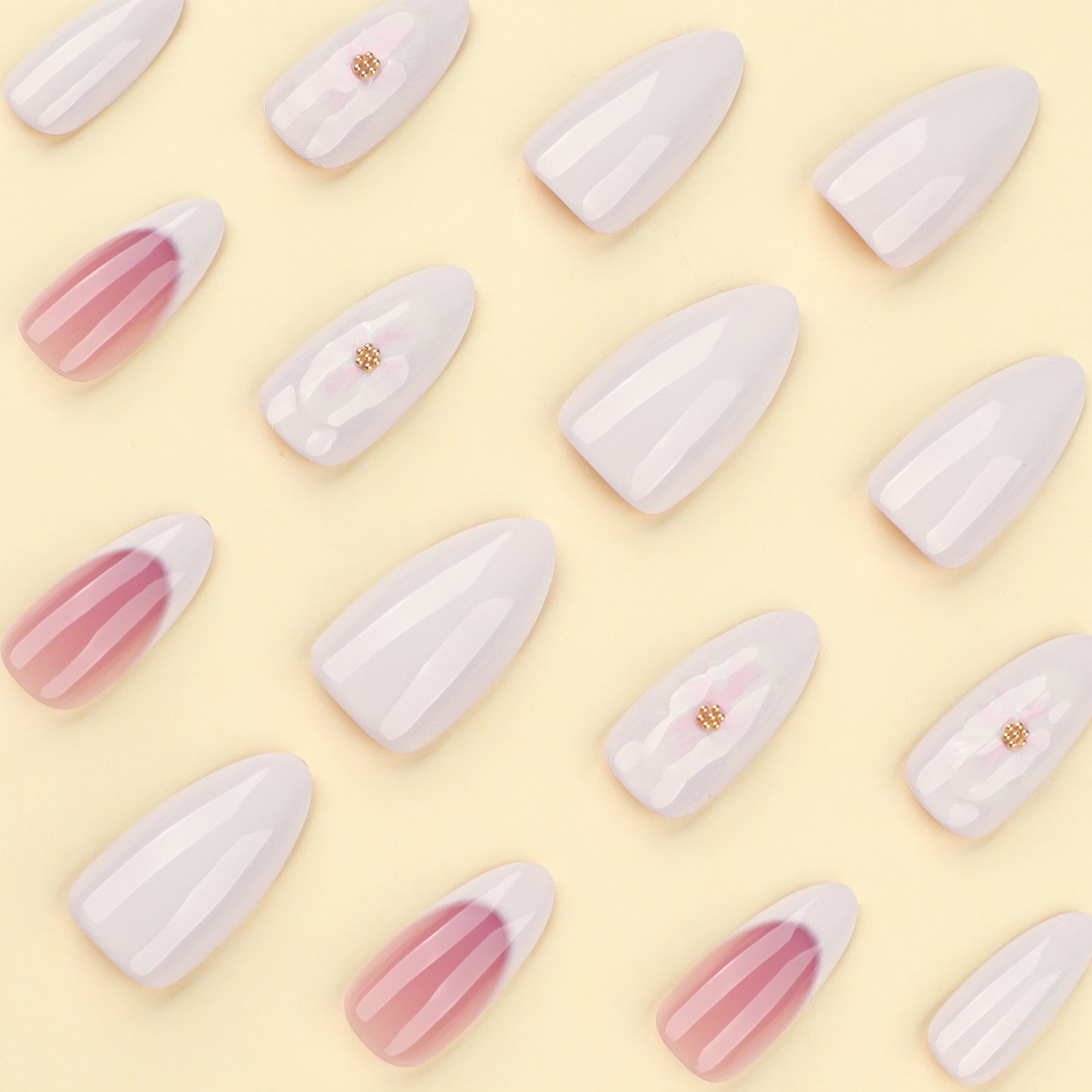 Blush Pink Ombre Press On Nails Nude White Gradient Almond Shape Glossy Minimal Design with Gold Beads Reusable Full Cover False Nails Kit Elegant Everyday Nails 99