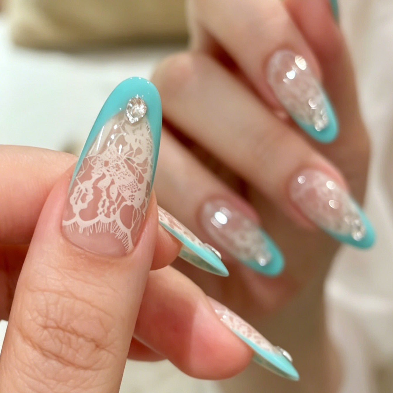 French Lace Press-On Nails – Nude Pink Almond Nails with White Lace Rose & Mint French Tip | Elegant Reusable Nail Set 288