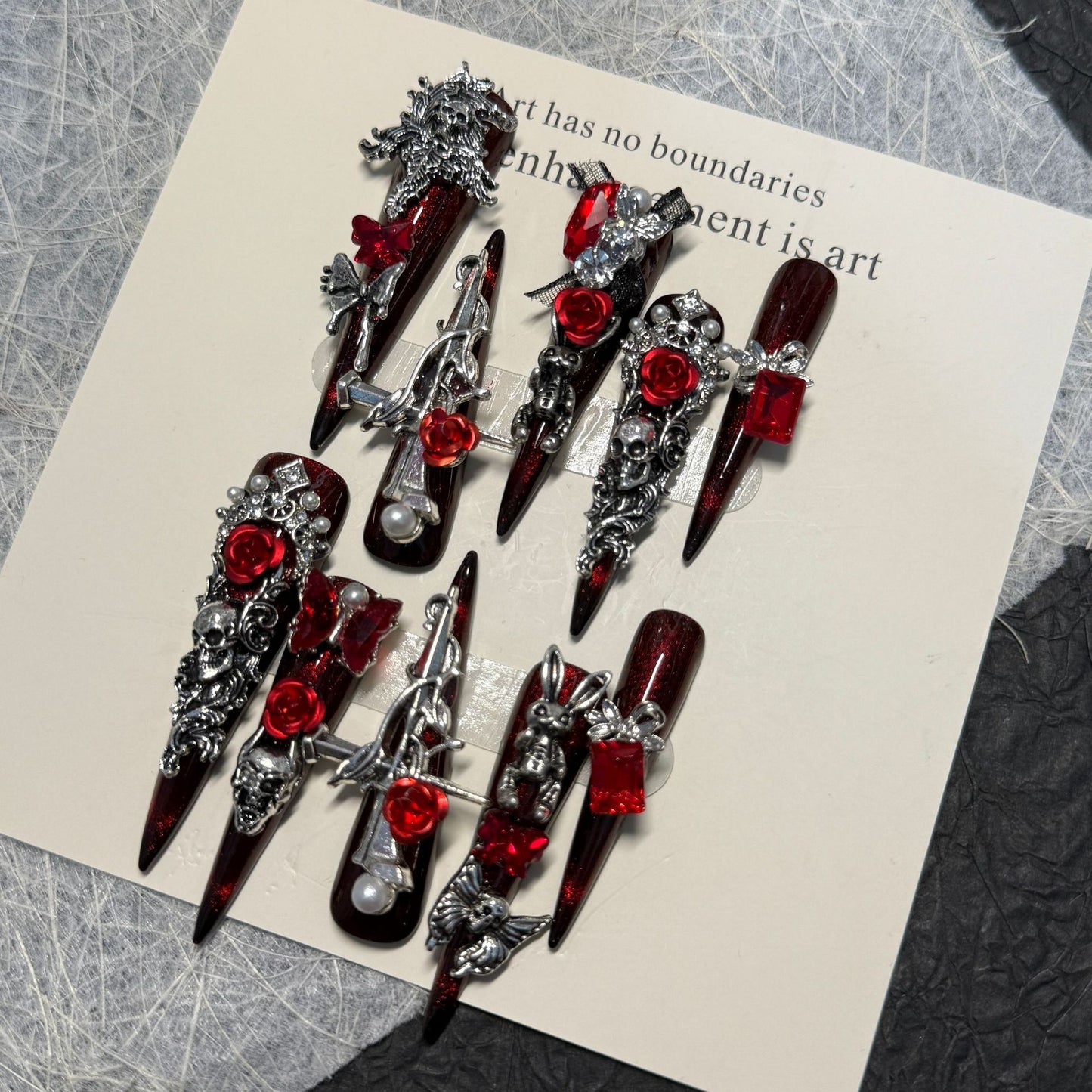 3D Gothic Press On Nails Stiletto Dark Red Vampire Nails Skull Rose Cross Charms Handmade Reusable Nail Set 204