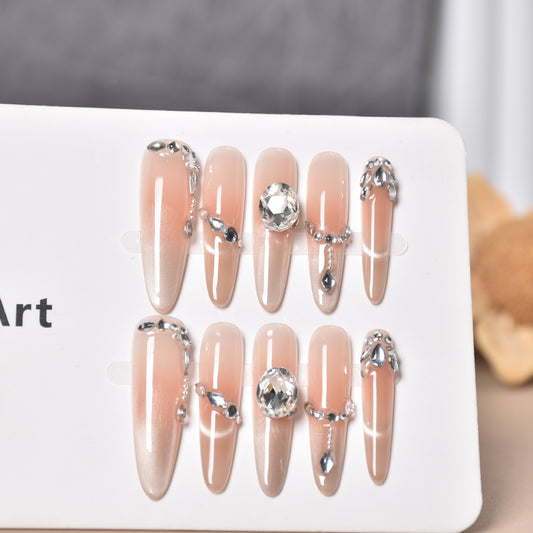 Pink Ombre Long Press On Nails Stiletto Cat Eye Glitter Rhinestone Glossy Reusable Glue On 06