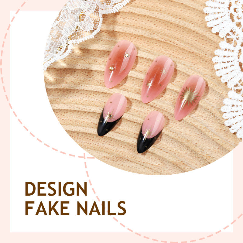Nude Pink Press-On Nails Almond Black French Tip Star Rhinestone Reusable Glue On Fake Nails Elegant Set 46