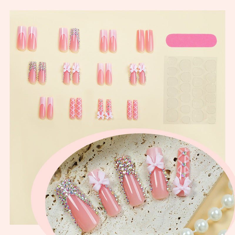 Press On Nails French Tip Pink Nude Bow Rhinestone Ballet Design Glossy Fake Nails Reusable Cute Nail Set 68
