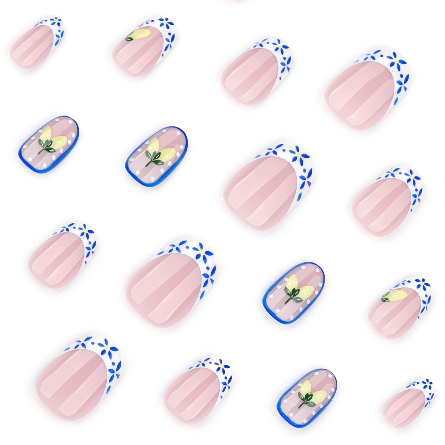 Nude Pink Lemon Press On Nails Floral French Tip Blue Flower Summer Oval Shape Glossy Cute Fake Nails Reusable Full Cover Natural Fresh Nail Kit 124
