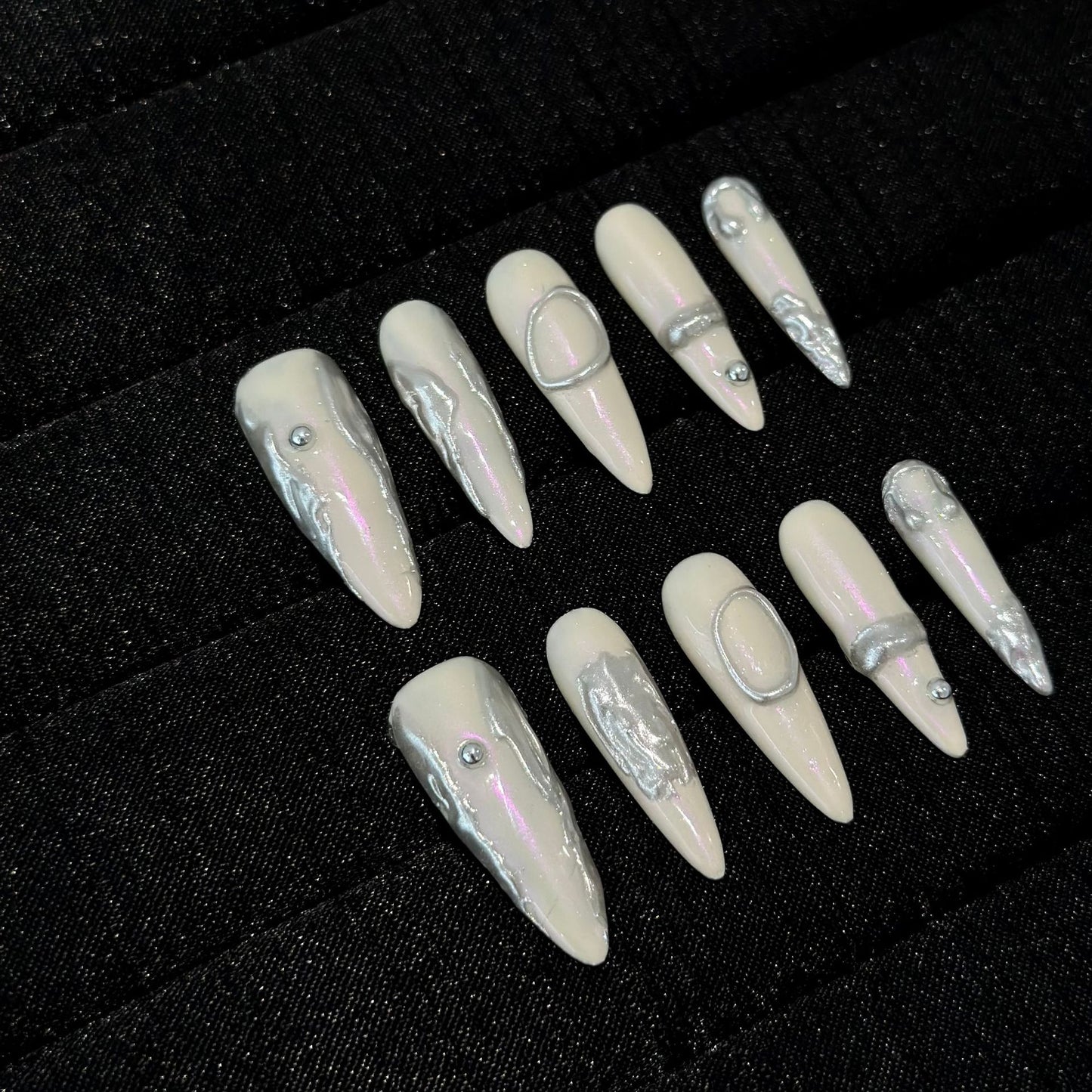 Chrome Stiletto Press On Nails – Iridescent Pearl Base 3D Molten Silver Accents Rhinestones Reusable Futuristic Bridal Set 210