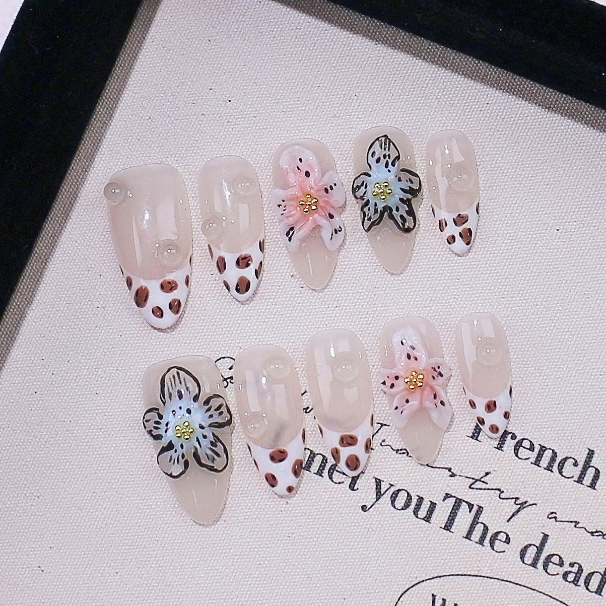 Floral Leopard Print Press-On Nails – 3D Floral French Tip Short Almond Nails | Reusable Nail Set 256