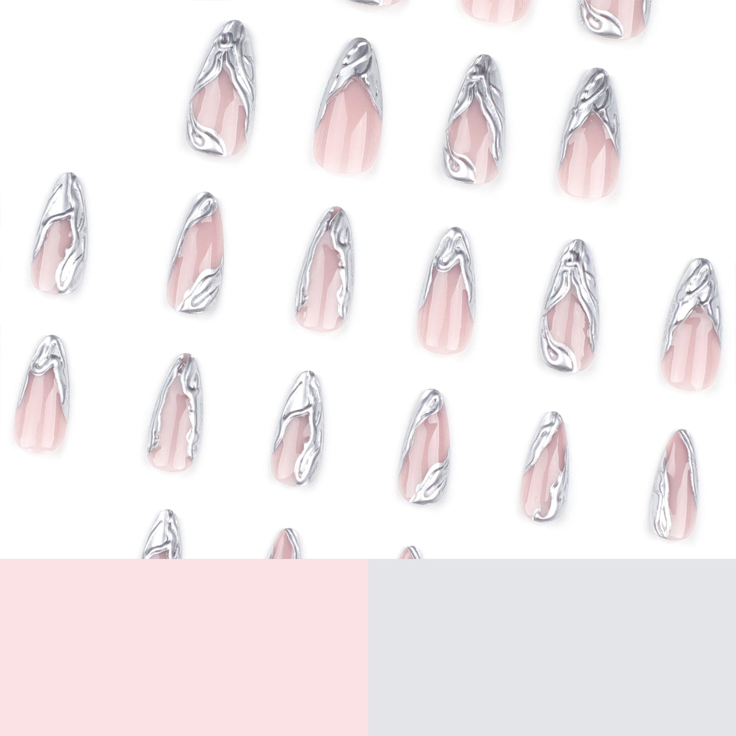 Press On Nails Nude Pink Silver Chrome Molten Metal Nails 3D Sculpted Wave Glossy Fake Nails Y2K Aesthetic Nails Luxury Minimal Reusable Full Cover Stick On Nails for Women Party Daily 85