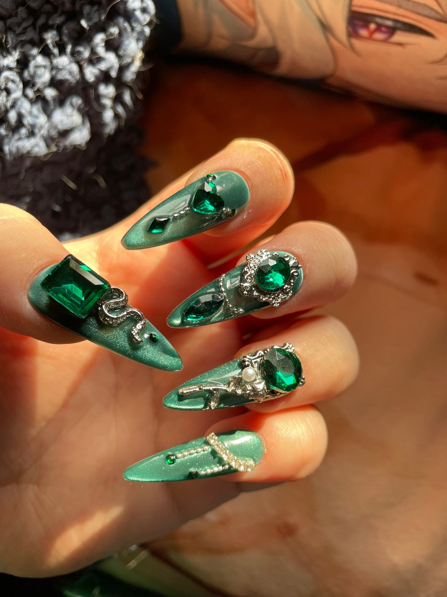 Emerald Snake Press-On Nails – Long Almond Nails with Blue Green Cat Eye Gradient & Vintage Crystal Embellishments | Gothic Luxury Reusable Nail Set 303