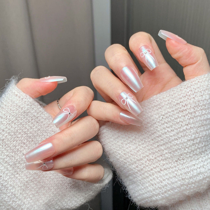 Peach Aurora Bow Press-On Nails – Glass Pearl Gradient Squoval Nails | Minimal Bow Detail Reusable Nail Set 270