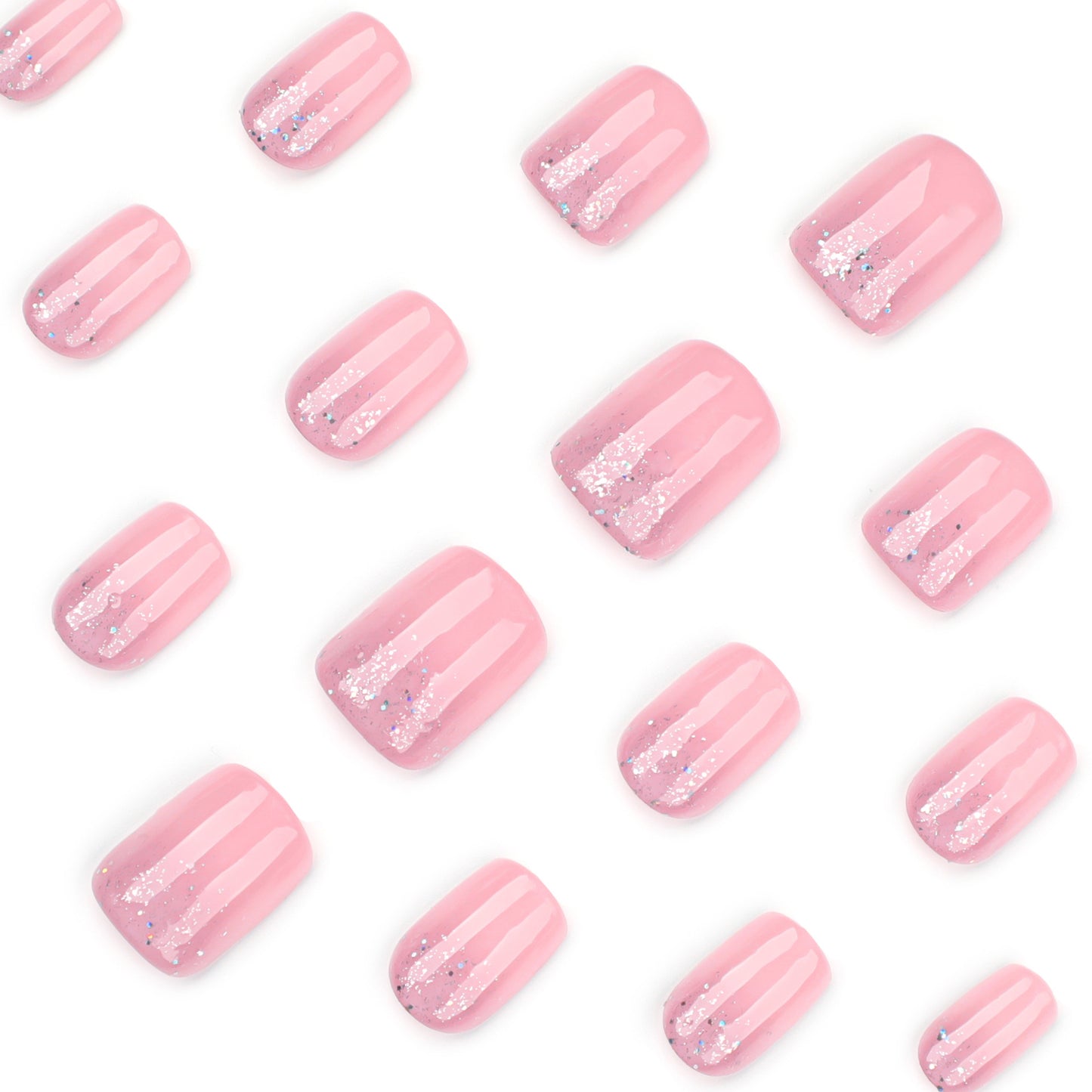 Nude Pink Press On Nails with Glitter Gradient Silver Shimmer Rhinestones Glossy Short Squoval Shape Natural Look Full Cover False Nails Kit Reusable 119