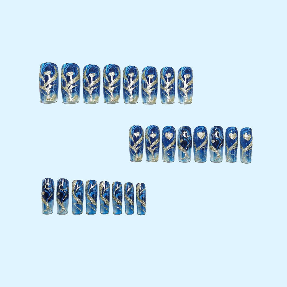 Blue Marble Press On Nails Gold Foil Glitter Tapered Square Glossy Ocean Wave Fake Nails Reusable Glue On Nail Set 57
