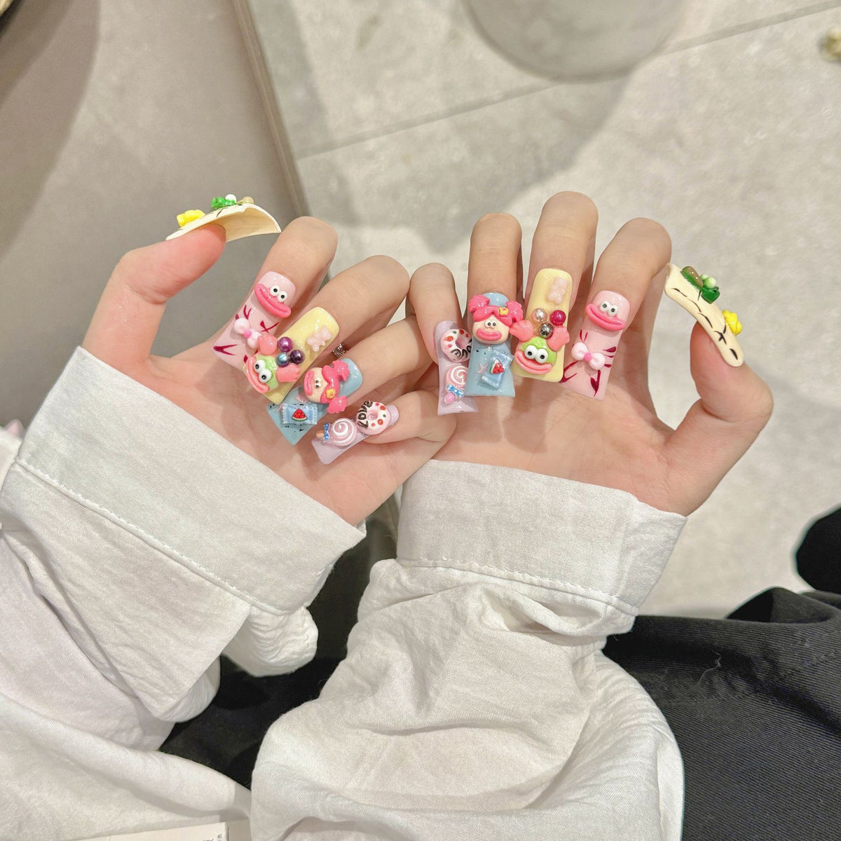 Cute Cartoon Press On Nails | Short Duck Nails in Pastel Colors with 3D Duck, Bow, Donut & Candy Charms | Reusable Kawaii Nail Set 348