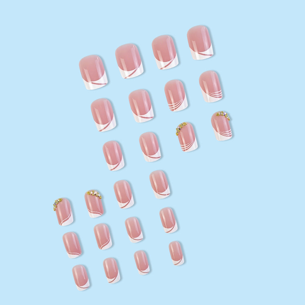 Nude Pink French Tip Press On Nails Short Square Round Wave Rhinestone Glossy 20