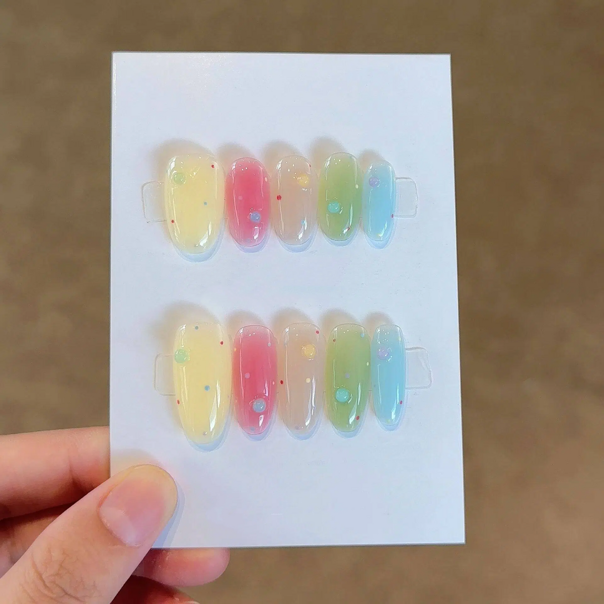 Pastel Jelly Press On Nails | Medium-Long Oval Nails in Yellow, Pink, Lime Green & Sky Blue | Sheer Jelly Finish with 3D Clear Beads & Colorful Dots | Reusable Nail Set 349
