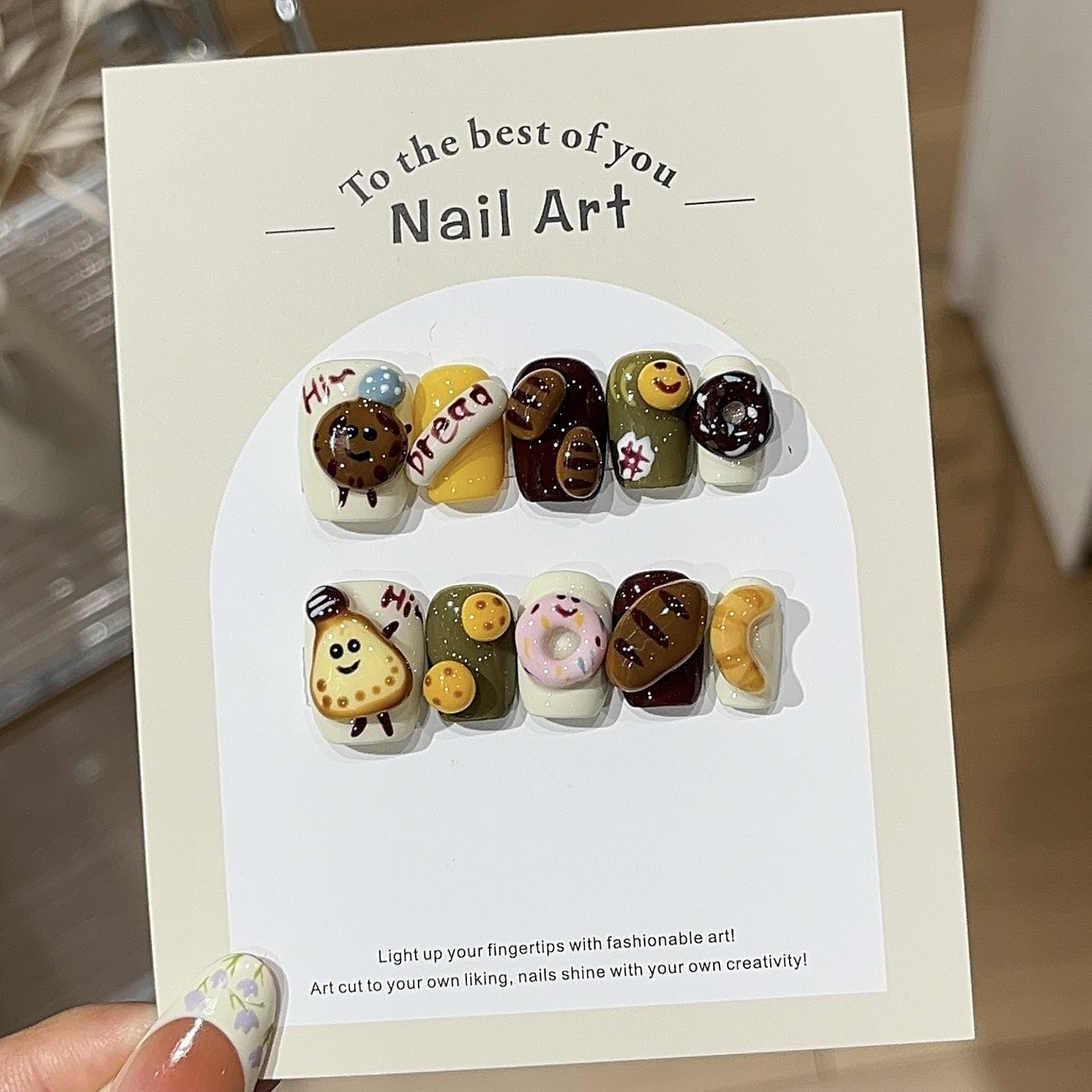 3D Bread Press On Nails – Short Round Cute Food Acrylic Nails Reusable 16
