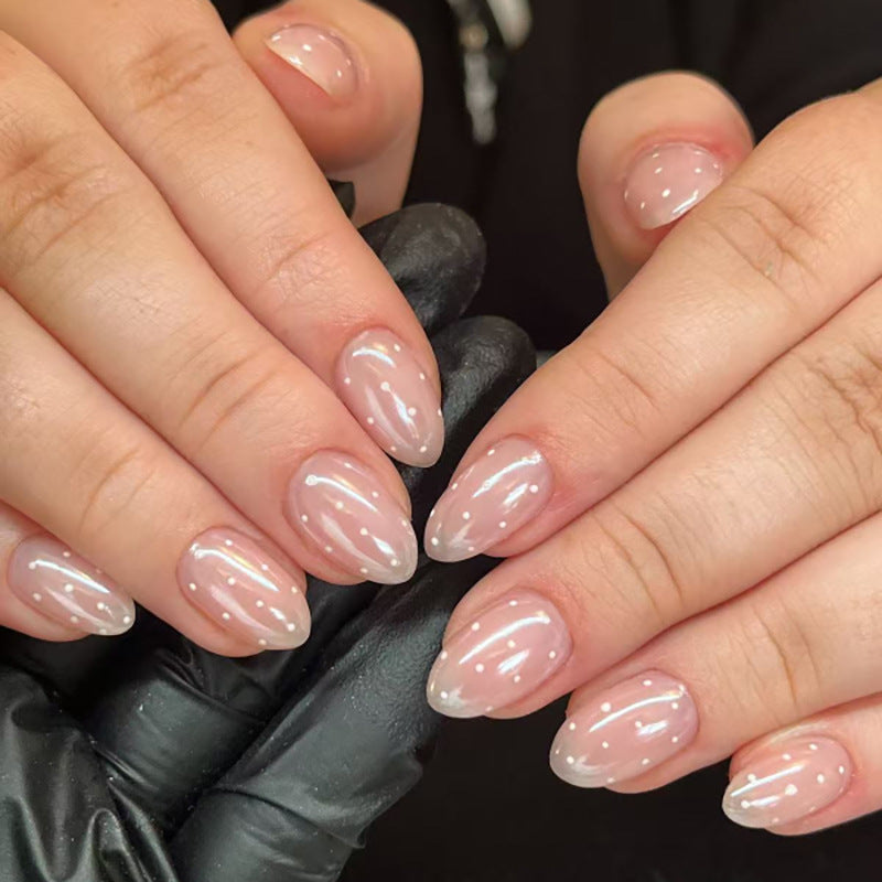 Nude Pink Polka Dot Press On Nails Almond Shape Glossy Fake Nails Short Elegant French Style Cute Minimalist Reusable Full Cover Acrylic Nails Kit 136