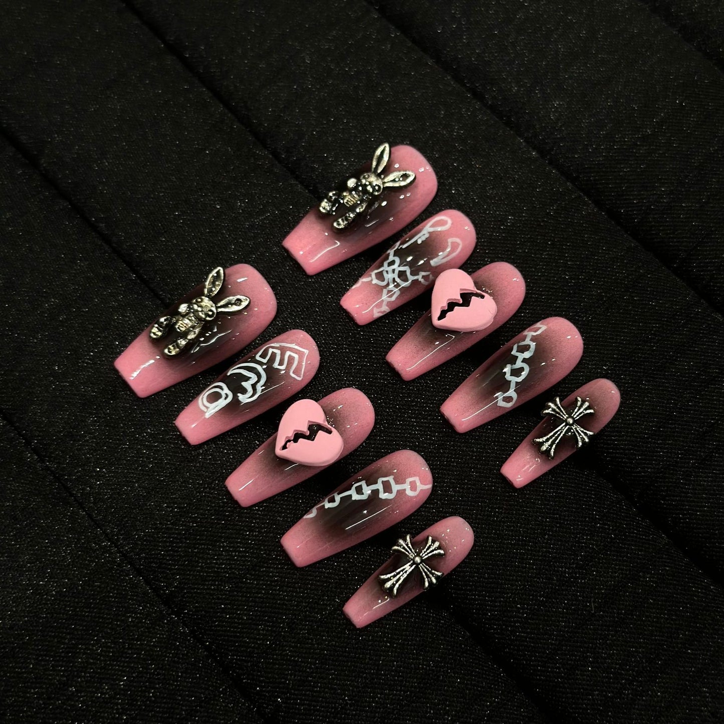 Y2K Emo Press On Nails Black Pink Ombre – 3D Broken Heart Bunny Cross Charms Grunge Gothic Alt Nail Set 211