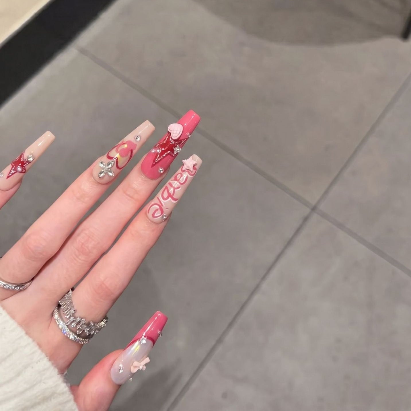Pink Y2K Press-On Nails – 3D Bow, Heart & Star Charm Almond Press-On Nails | Rhinestone Coquette Reusable Nail Set with Aurora Shimmer Finish 243