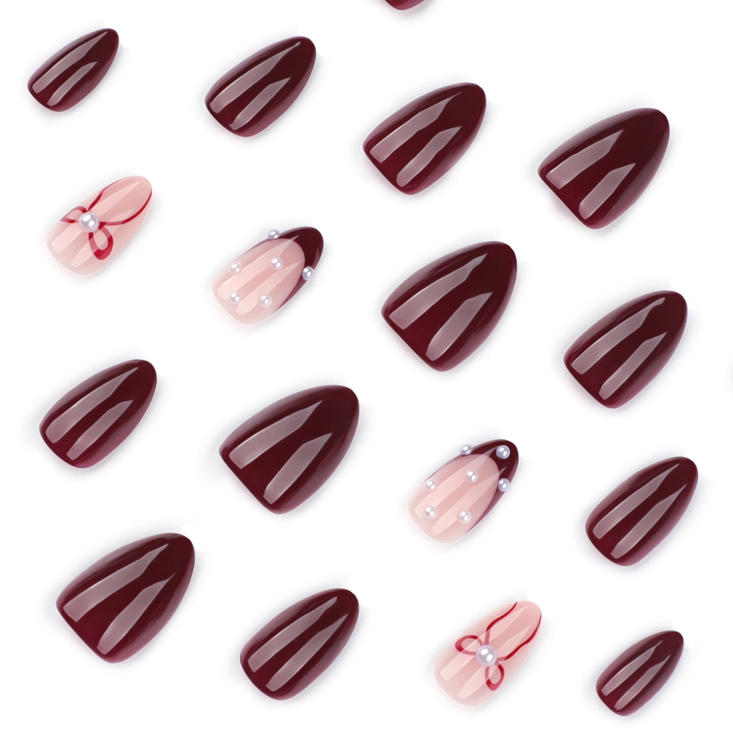 Burgundy Press On Nails with Nude Pink Accent Pearl and Bow Design Glossy Almond Shape Elegant Vintage Style Full Cover False Nails Kit Reusable 128