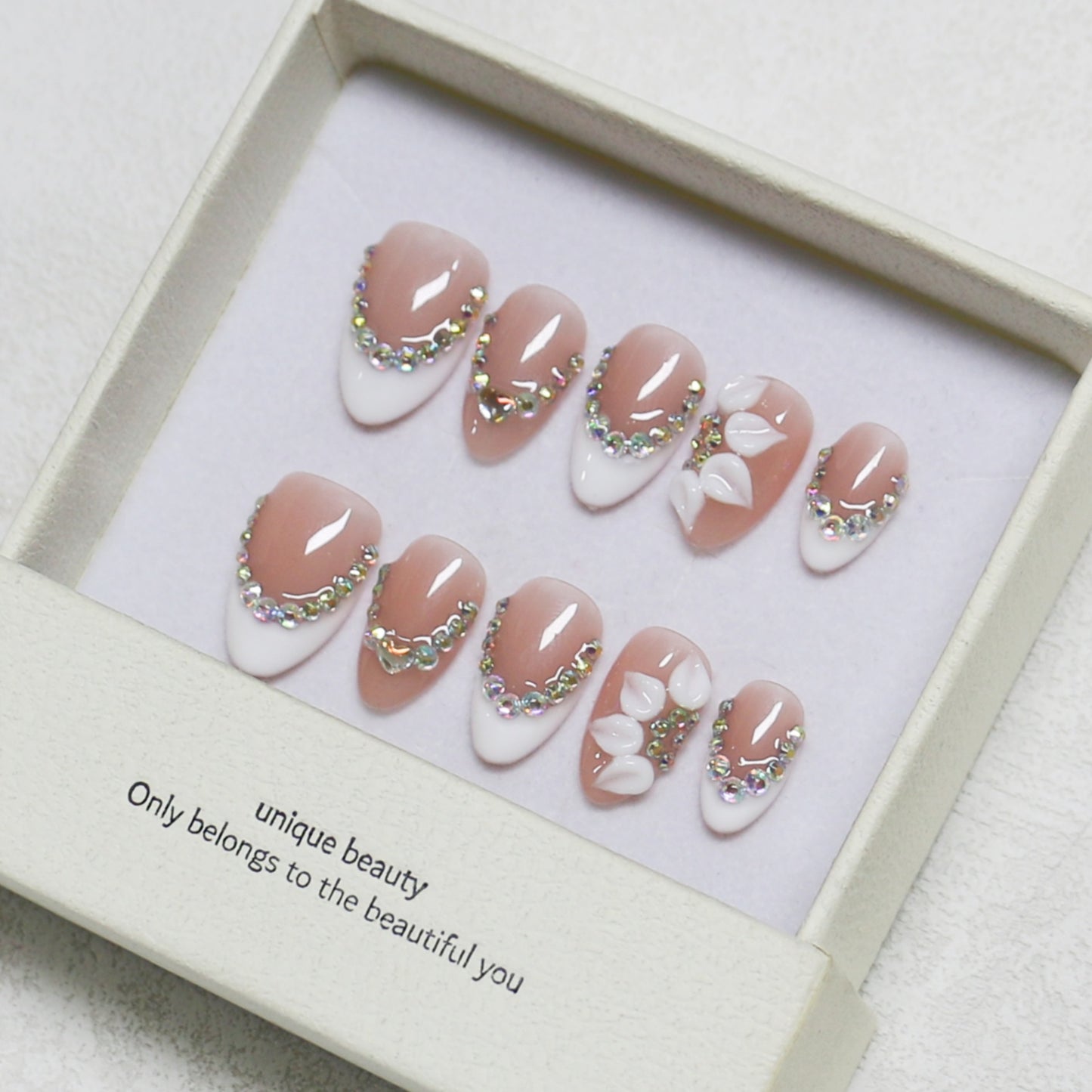 Rhinestone French Press-On Nails – Nude Pink & White Ombre Almond Bridal Nails with 3D Floral Accent | Elegant Reusable Wedding & Occasion Nail Set 238