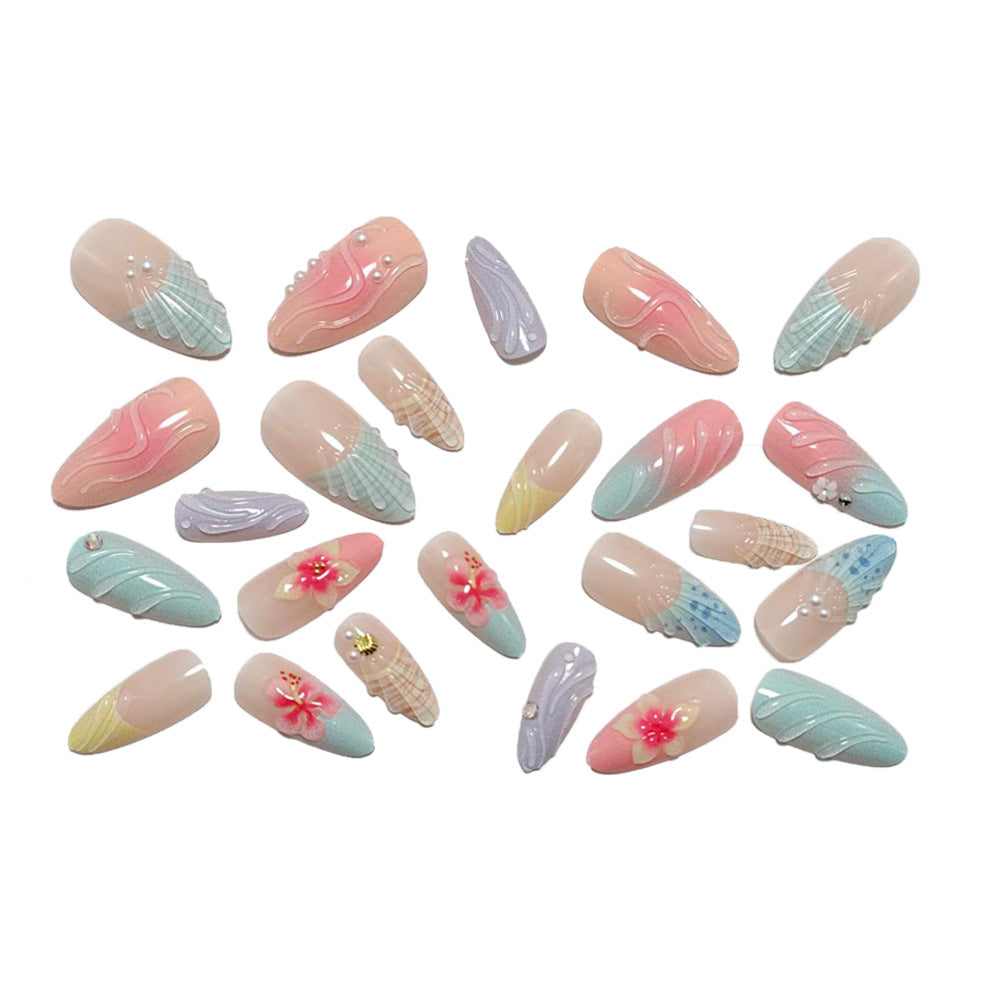 Beach Vacation Press-On Nails Almond Shape 3D Shell Wave Floral Reusable Glue On Summer Nail Set 31