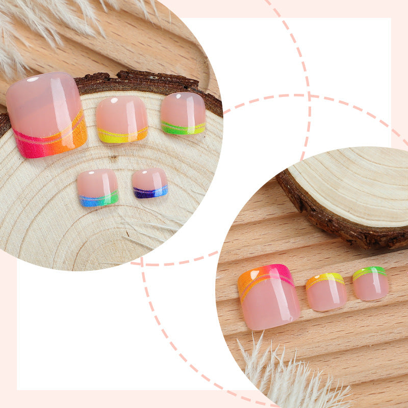 Press On Toenails French Tip Nude Pink Gradient Orange Blue Summer Toe Nails Short Square Glossy Fake Toenails Reusable Pedicure Set Beach Vacation Sandal Ready Nails 72