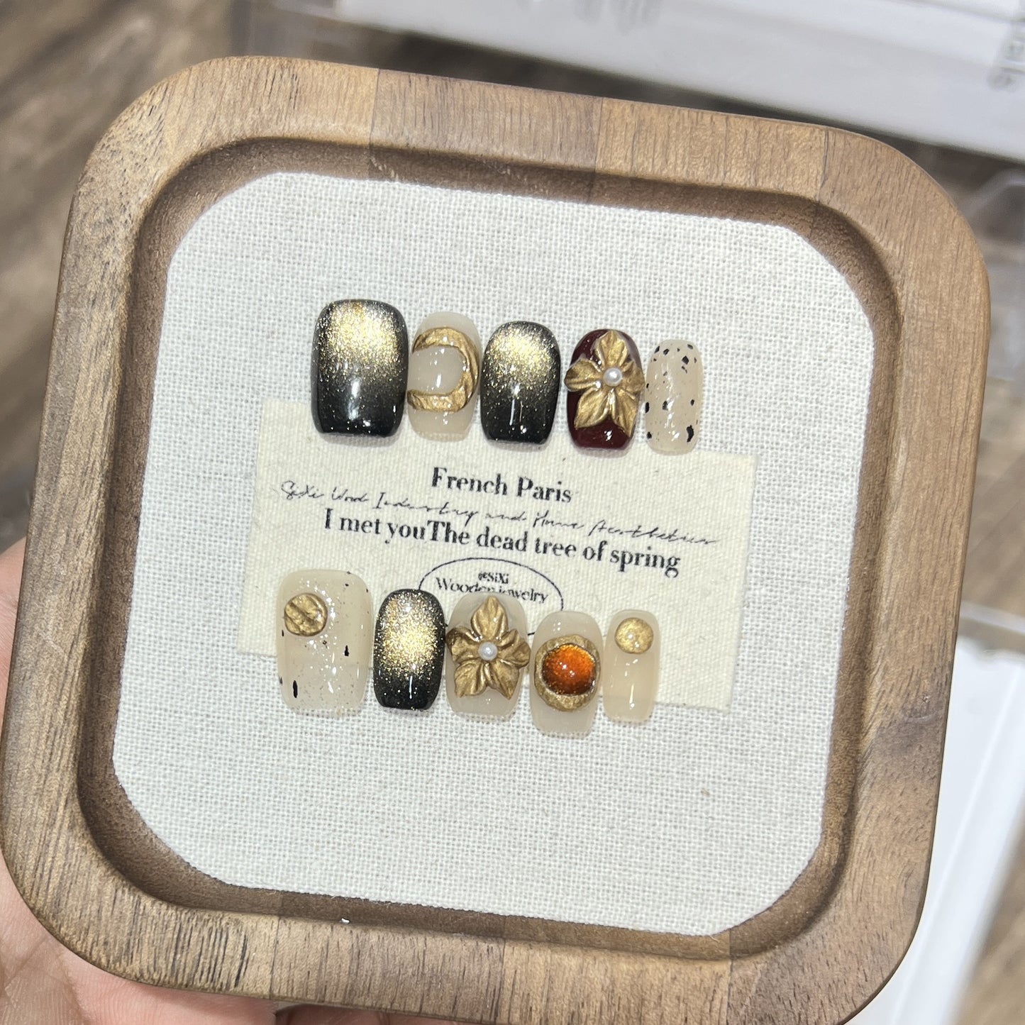 Vintage Gold Baroque Press-On Nails – Black Gold & Burgundy Short Square Nails | 3D Antique Gold Charms & Pearl Detail Reusable Nail Set 245
