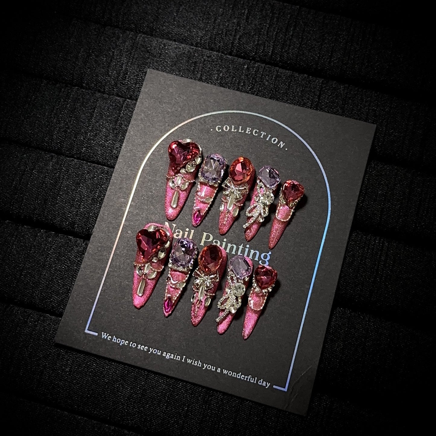 Luxury Pink Crystal Press On Nails Long Stiletto – 3D Rhinestone Gems Silver Settings Reusable Glam Nail Set 208