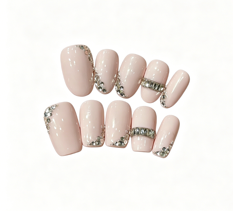 Nude Pink Press On Nails – Short Squoval with Rhinestone Accent, Minimalist Reusable Full Cover 166