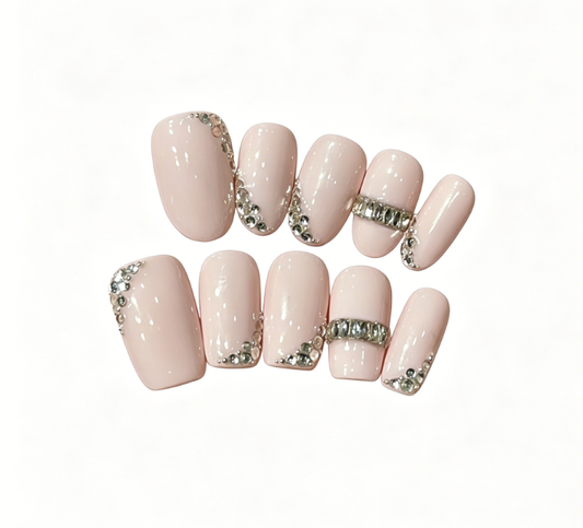 Nude Pink Press On Nails – Short Squoval with Rhinestone Accent, Minimalist Reusable Full Cover 166