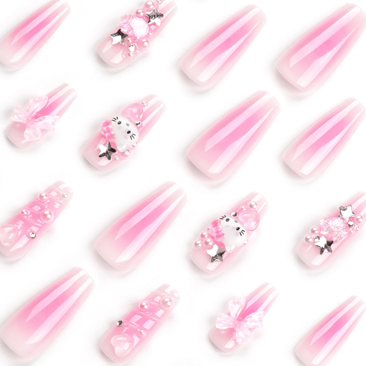Press On Nails Pink Ombre Hello Kitty 3D Bow Pearl Rhinestone Cute Kawaii Nails Long Almond Glossy Fake Nails Reusable Coquette Aesthetic Nails for Women Party Birthday 81
