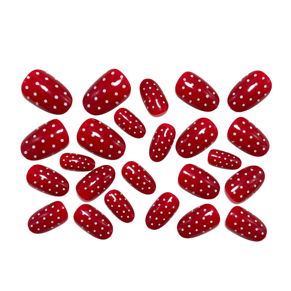 Red Polka Dot Press On Nails Almond Shape Glossy Vintage French Style Fake Nails Reusable Glue On Cute Nail Set 54