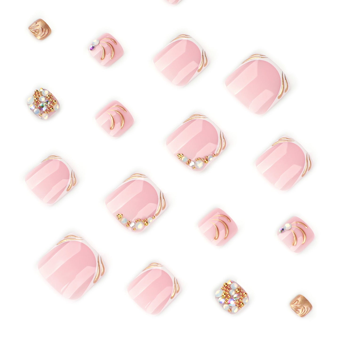 Nude Pink Press On Toenails with Rhinestones Gold Line Cow Print Mixed Design Glossy Short Squoval Shape Glam Full Cover False Toe Nails Kit Reusable 117