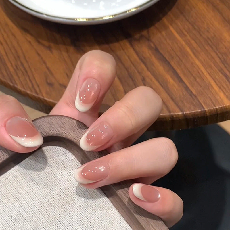 Natural Nude Press-On Nails | Short Almond & Rounded | Sheer Peach & Pink with Aurora Pearl Glow | Gradient French Tips for Everyday Elegance 230