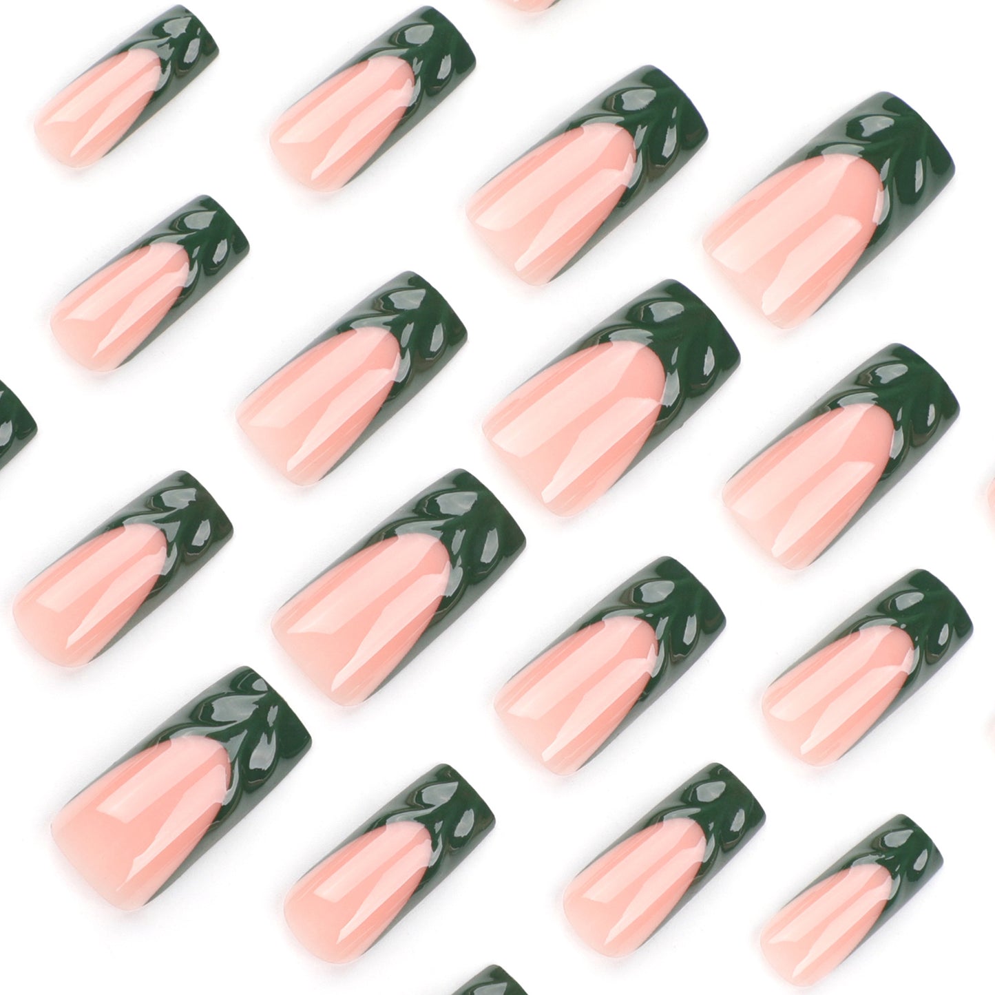 French Tip Press-On Nails Nude Pink Green Almond Long 3D Texture Reusable Glue On Fake Nails Elegant Set 39