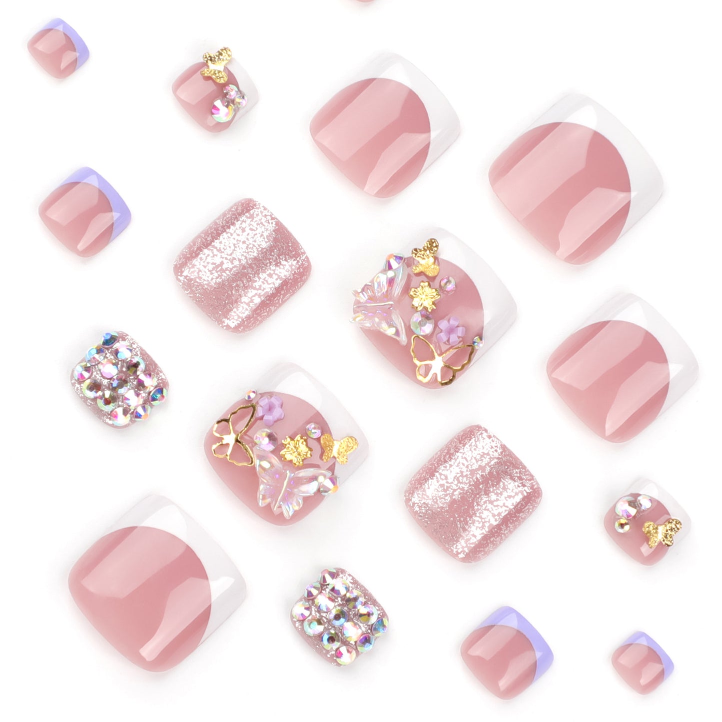 Nude Pink Press On Toenails with Rhinestones Butterfly Floral Design Glossy Short Squoval Shape Glam Full Cover False Toe Nails Kit Reusable Pedicure 113