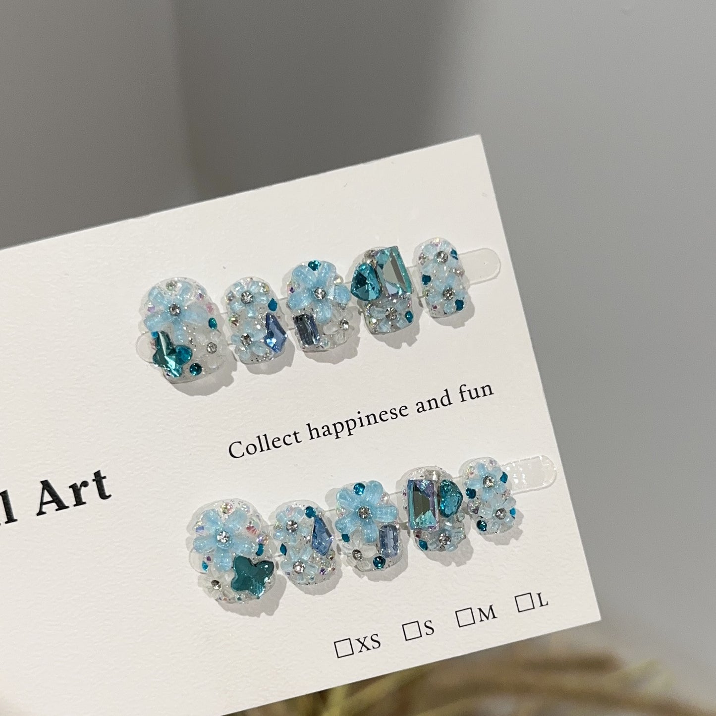 Frozen Blue Flower Press On Nails Short Squoval – 3D Butterfly Crystal Gems Winter Fairycore Bridal Reusable Nail Set 209