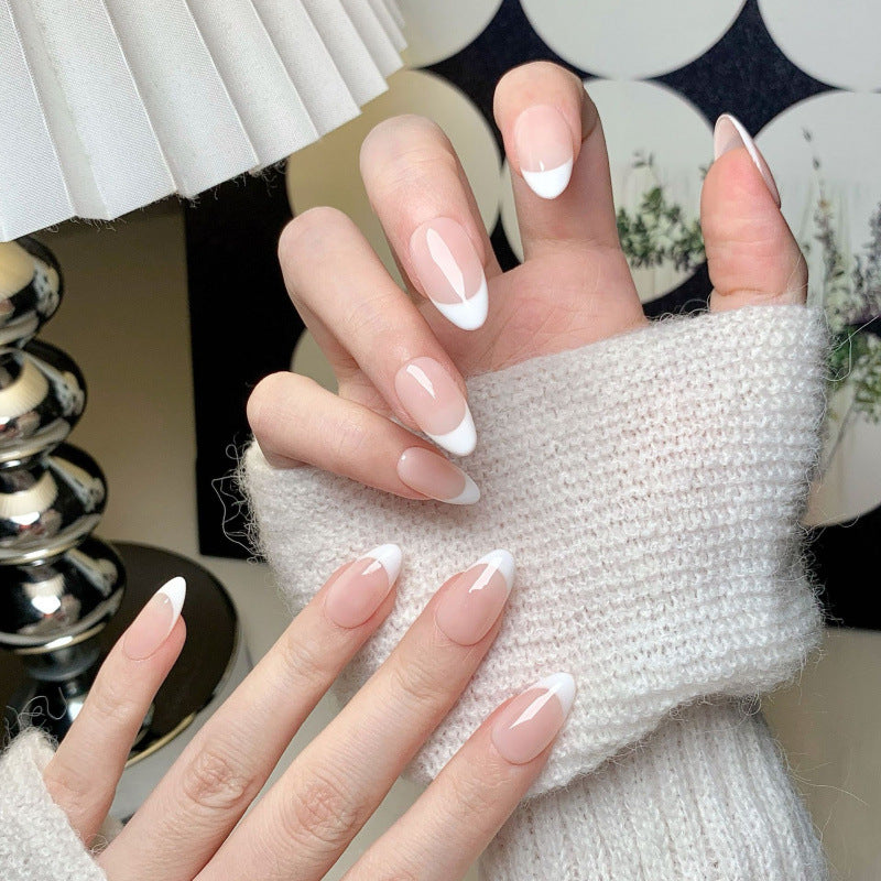 Nude French Press-On Nails – Sheer Jelly Oval Nails | Classic White French Tip Minimal Reusable Nail Set 281