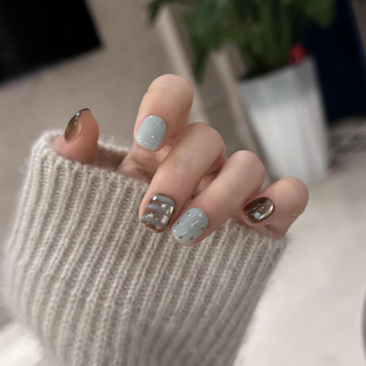 Brown Cat Eye Press On Nails – Short Squoval with Blue Contrast, Star & Polka Dot Glossy Reusable Full Cover Set 163