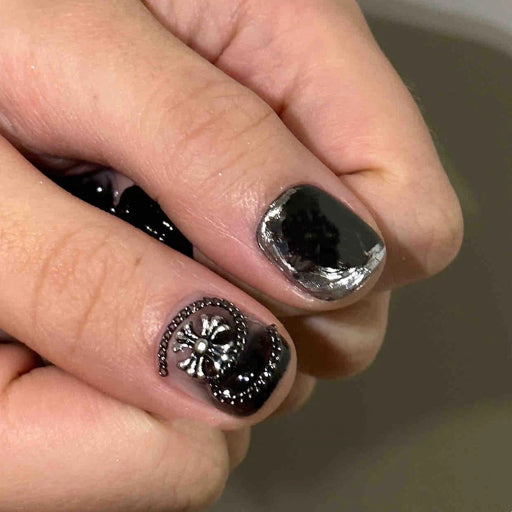 Black Grey Gothic Press On Nails Short Square Round – Smoky Marble 3D Cross & Metal Rings Pearl Accent Reusable Dark Aesthetic Nail Set 216