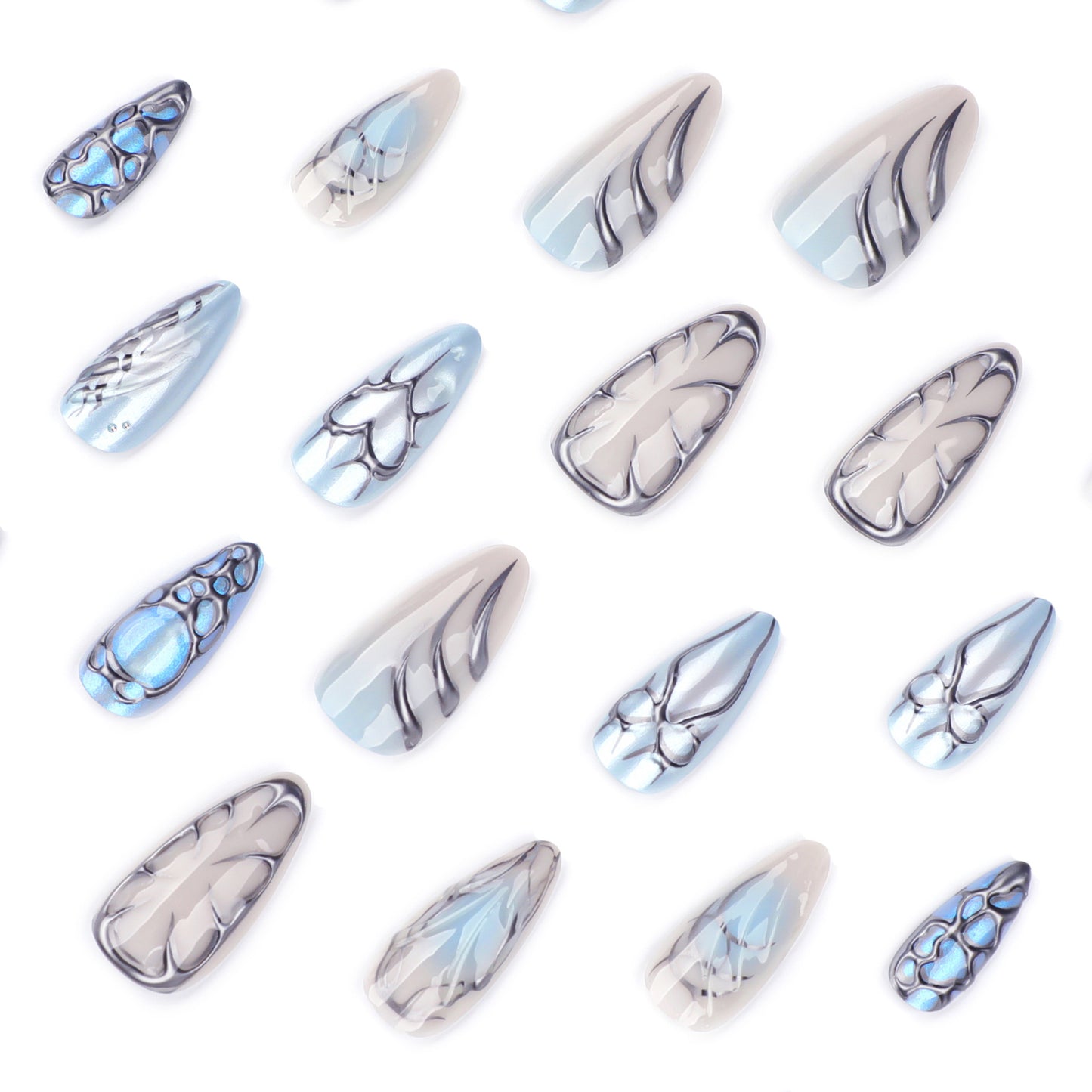 Ice Blue Cat Eye Press On Nails with 3D Metallic Texture Chrome Spider Web Design Glossy Almond Shape Dark Futuristic Full Cover False Nails Kit Reusable 129