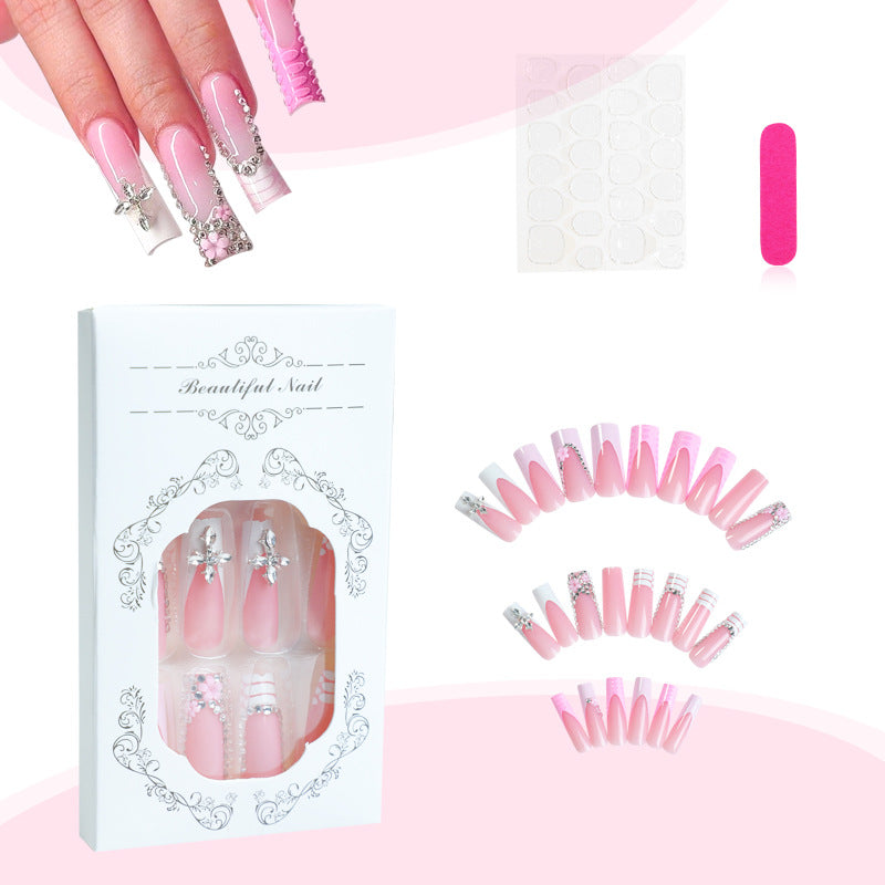 Press On Nails French Tip Nude Pink Rhinestone Star Flower Design Glossy Fake Nails Reusable Cute Luxury Nail Set 71