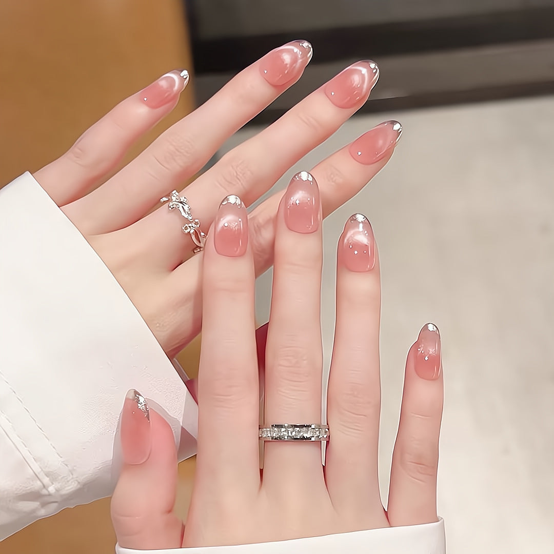 Nude Pink Press On Nails Oval – Milky White Wave Gradient False Nails Glossy Reusable Full Cover Nail Set 174