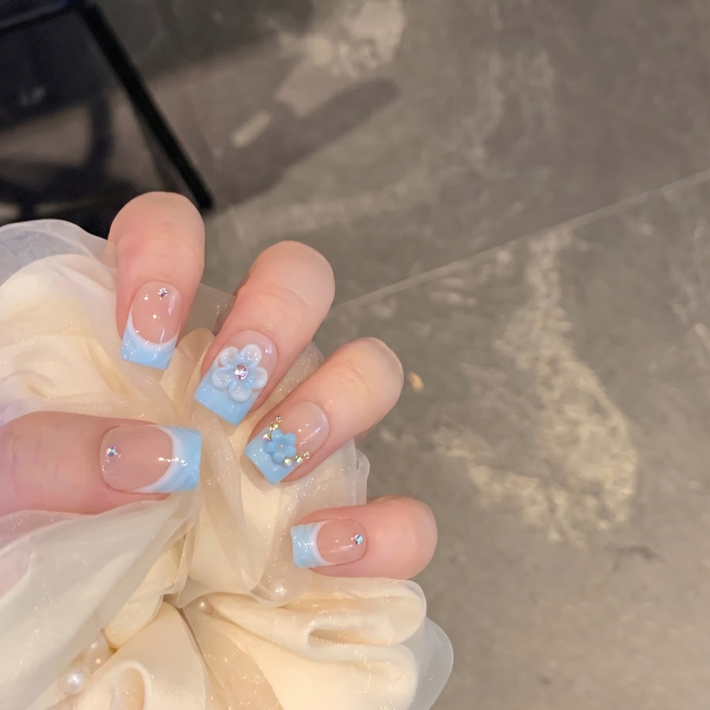 Blue French Floral Press-On Nails – Nude Pink Base with 3D Floral & Rhinestone Details | Short Squoval Coastal Inspired Reusable Nail Set 246