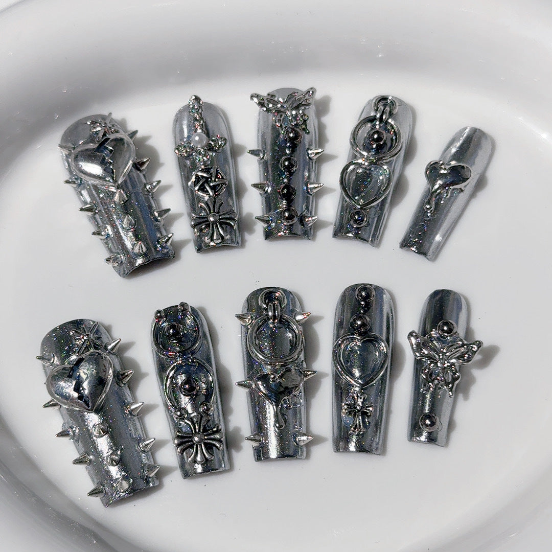 Liquid Metal Armor Press-On Nails – Silver Chrome Long Square 3D Gothic Punk Y2K Nail Set 225