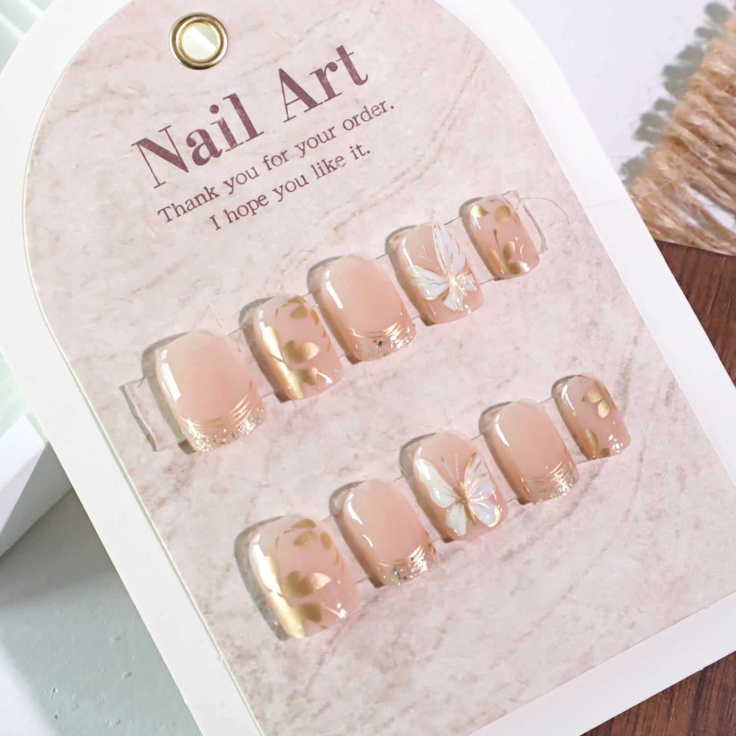 Nude Pink Press On Nails – Short Squoval Gold Butterfly Design Glossy Reusable Acrylic Nails 154