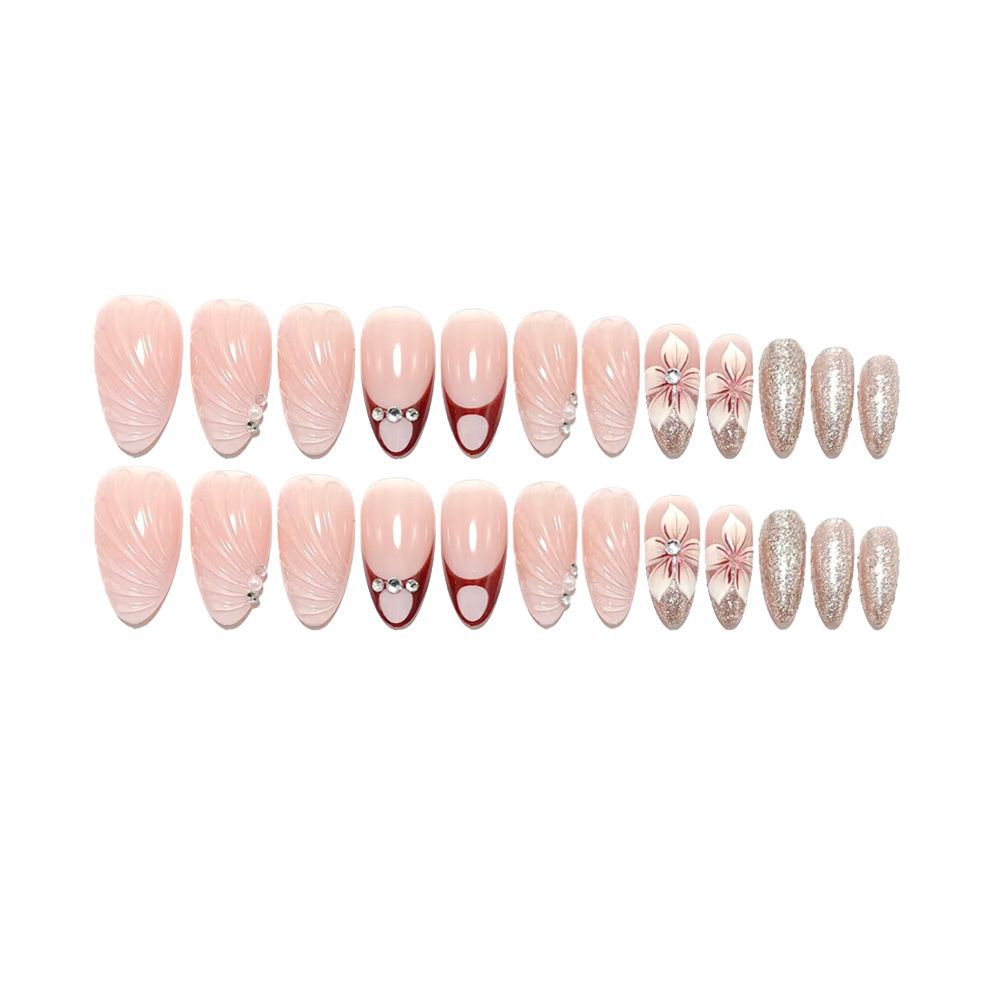 French Tip Press-On Nails Almond Shape Burgundy Nude 3D Wave Pearl Reusable Glue On Fake Nails Set 32