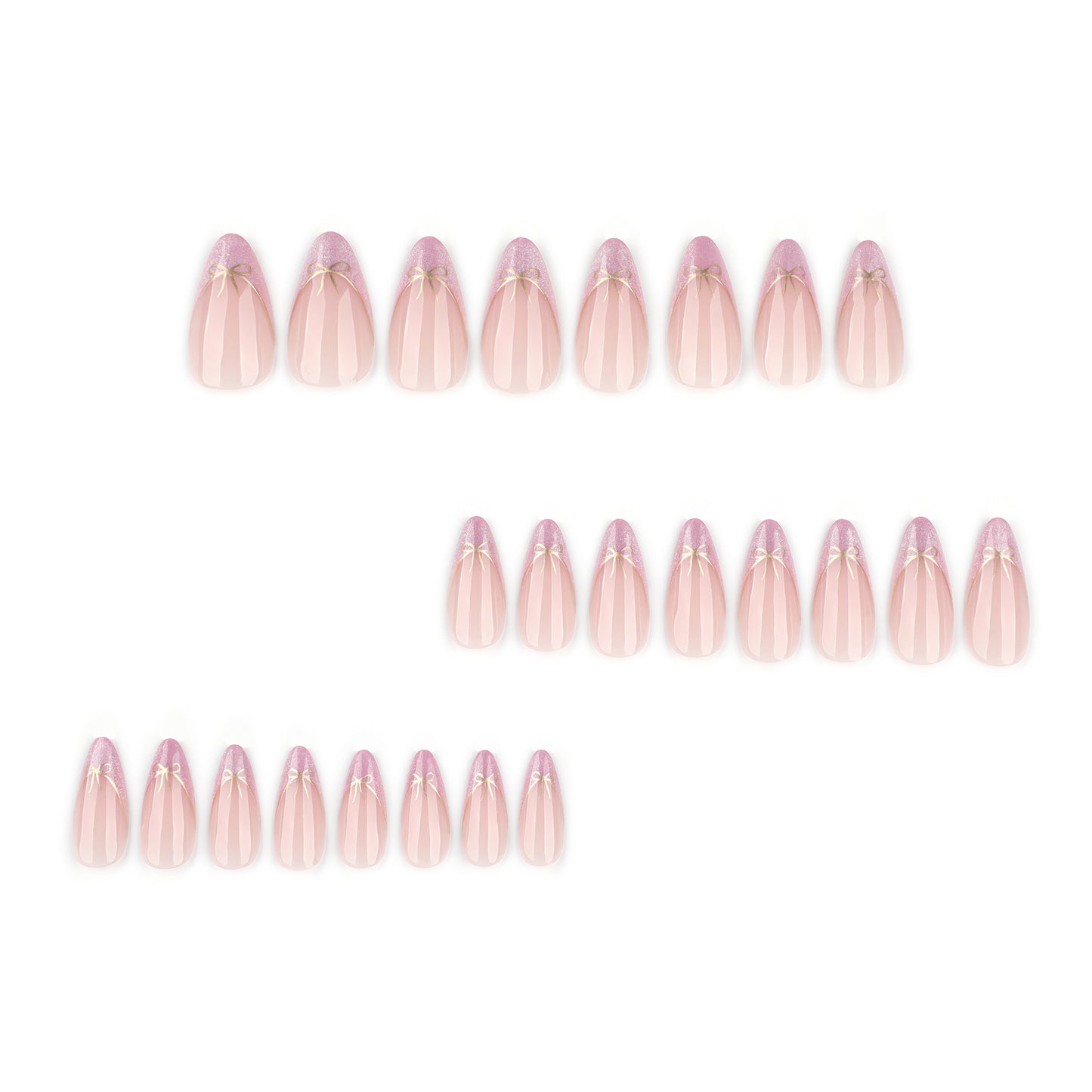 Nude Pink Press On Nails with Gold Bow Glitter French Tip Design Glossy Almond Shape Cute Elegant Full Cover False Nails Kit Reusable 132