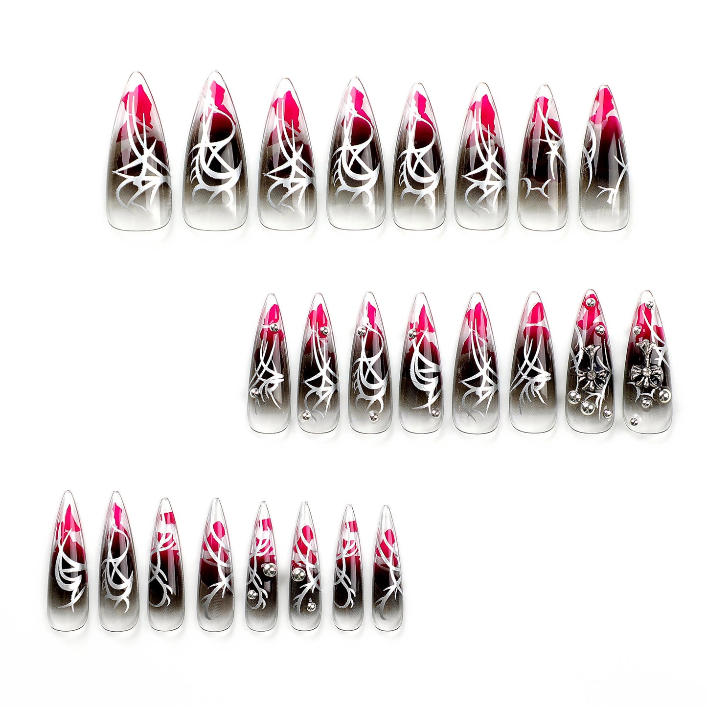 Black Ombre Press On Nails – Almond Shape Gothic Red Ink Gradient, Silver Thorn Metal Glossy Reusable Nail Set 161