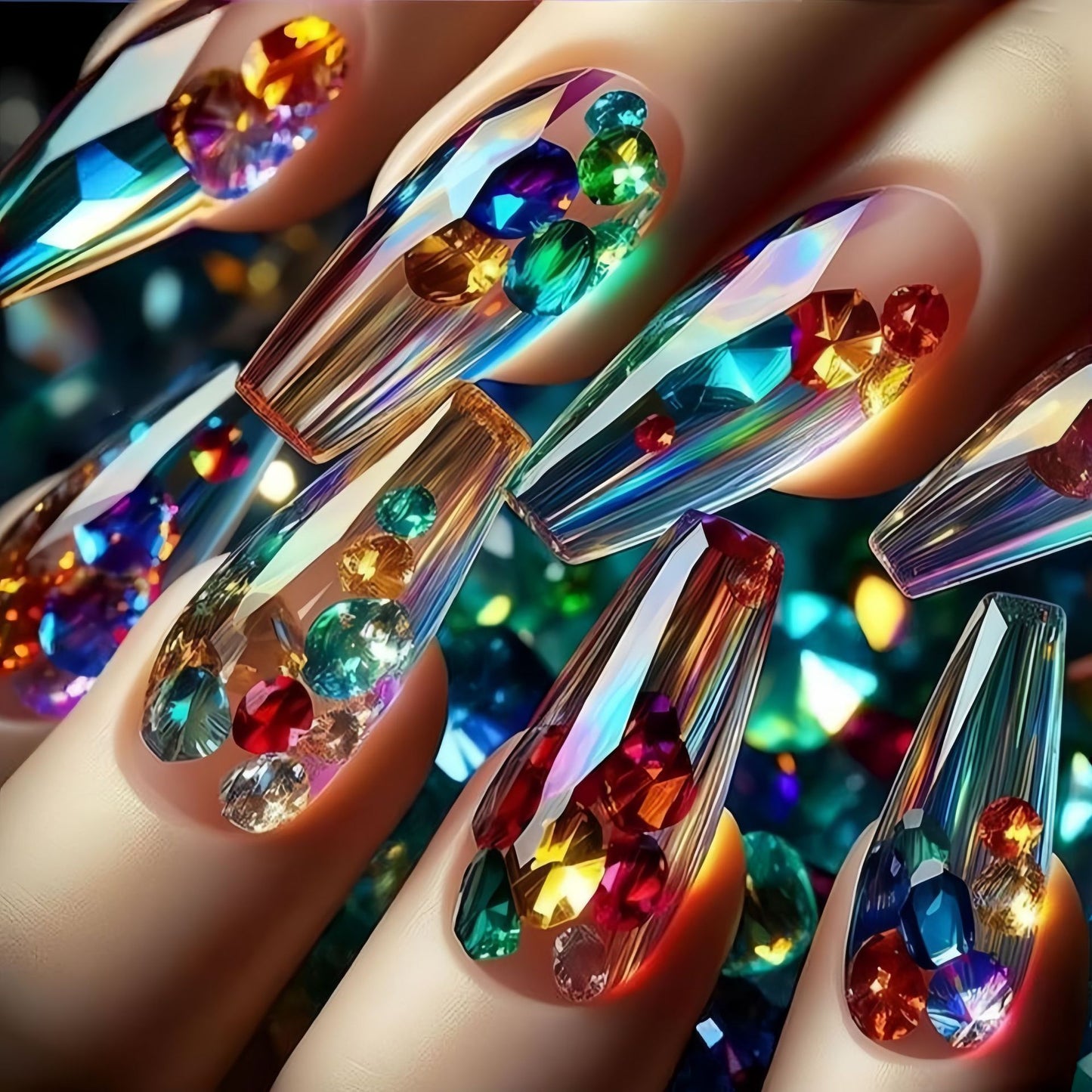 Glitter Press On Nails Rhinestone Squoval Rainbow Ombre Long Baddie Festival Nails Reusable Nail Set 26