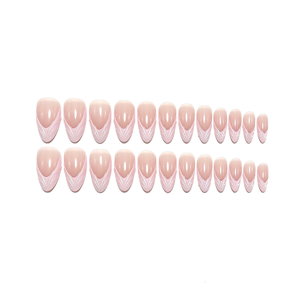 Nude Pink Press On Nails 3D French Tip Almond Classy Bridal Nails Glossy Natural Reusable Nail Set 25